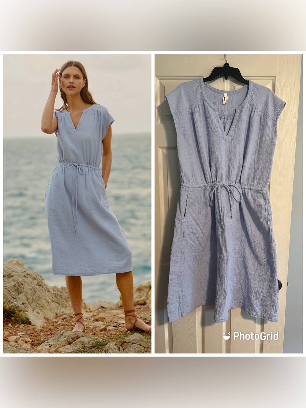 Pact Organic Cotton Coastal Double Gauze Tie Waist Midi Dress Cornflower Blue XL